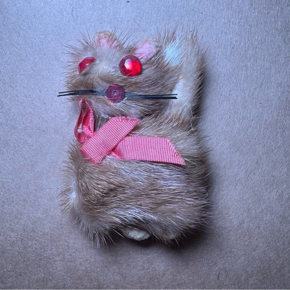 Handmade Whimsical Vintage Fur Mouse Brooch with Pink Bow & Rhinestone Eyes 2.5”